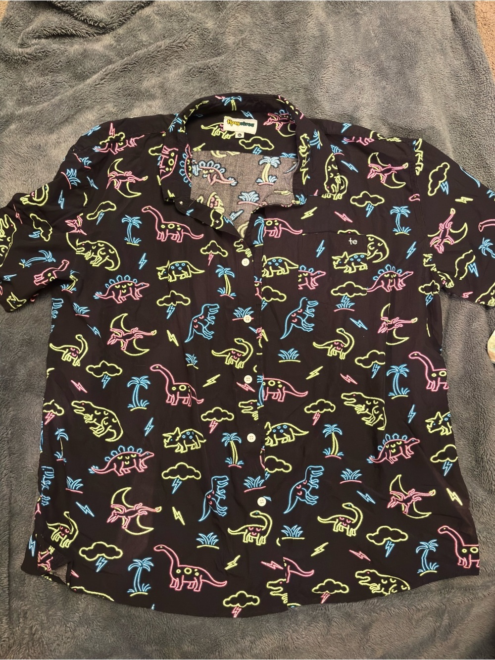 Tipsy Elves Black Short-Sleeve Button-Up with Neon Dino Print